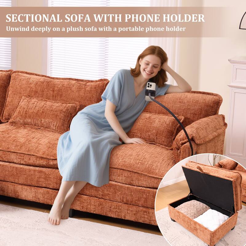 GALDWIN Chenille Upholstered L-shaped Modular Sectional Sleeper Sofa with Movable Storage Ottoman,USB&Type-C