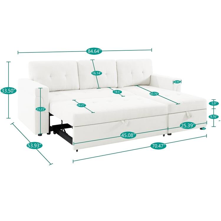 Modern Reversible Convertible Sleeper Sectional Sofa Bed - L-Shape with Storage Chaise, Wide Armrest and Durable Legs