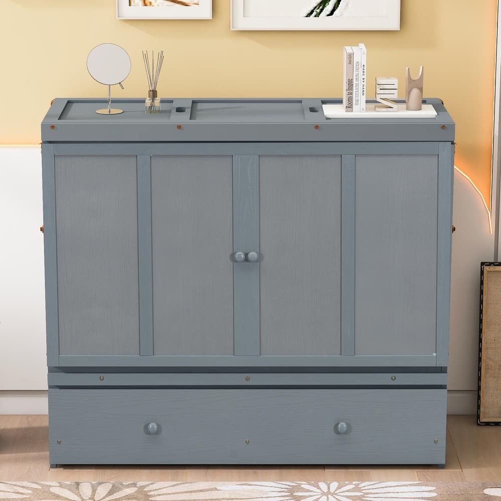 Full Size 2-in-1 Murphy Bed Cabinet with Space Saving Design with Built in USB/Power Outlets, Large Storage Drawer