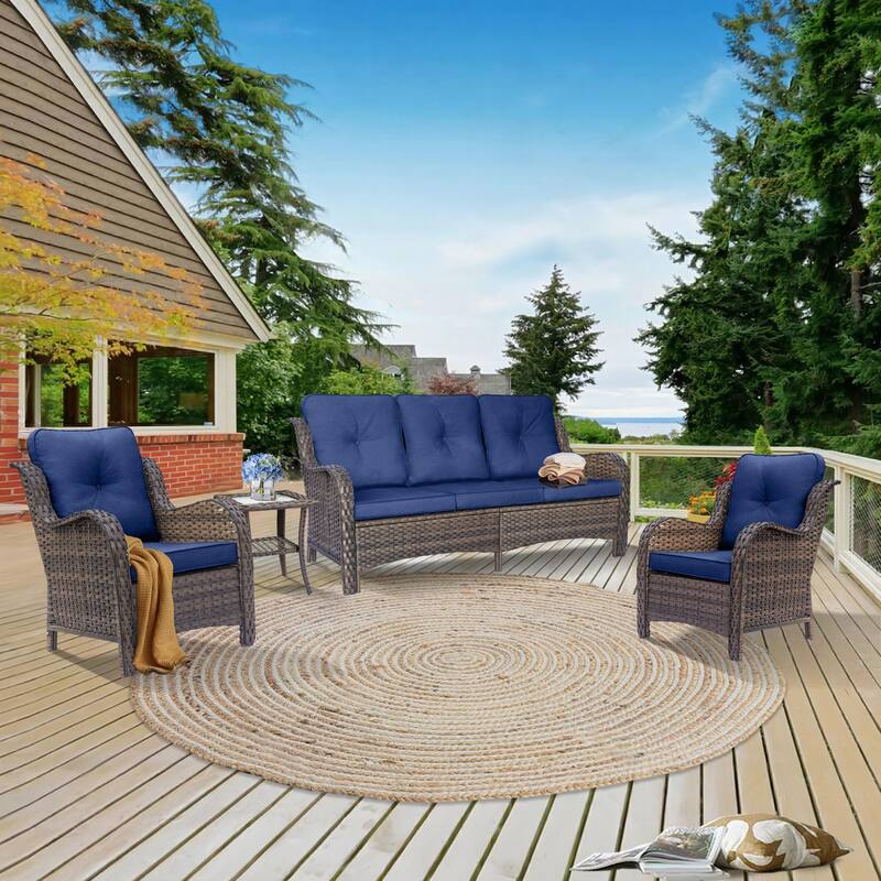 4 Piece Outdoor High Back Wicker Patio Conversation Furniture Sets