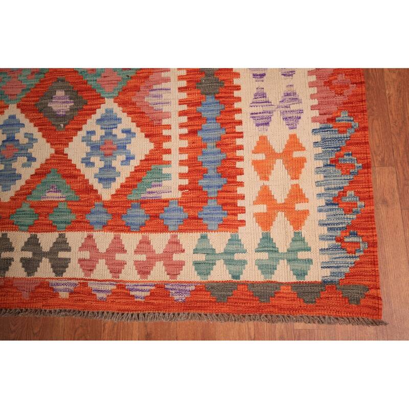 Orange Geometric Kilim Oriental Large Rug Flatweave Wool Carpet - 10'1" x 16'3"