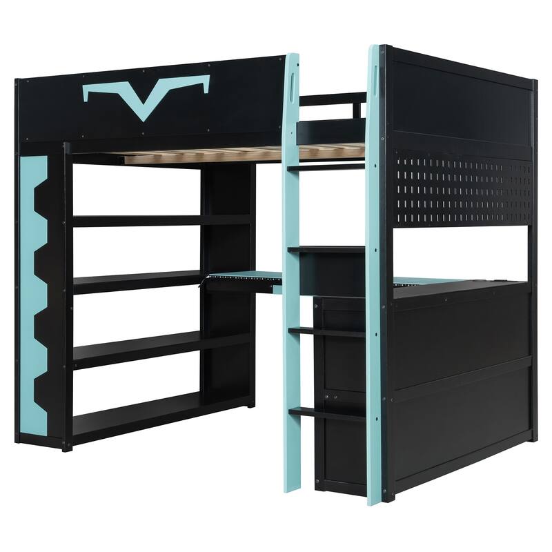 Full Size Gaming Loft Bed with Desk & RGB LED Lights, Pro-Gamer Setup with Pegboard, Keyboard Tray & Storage