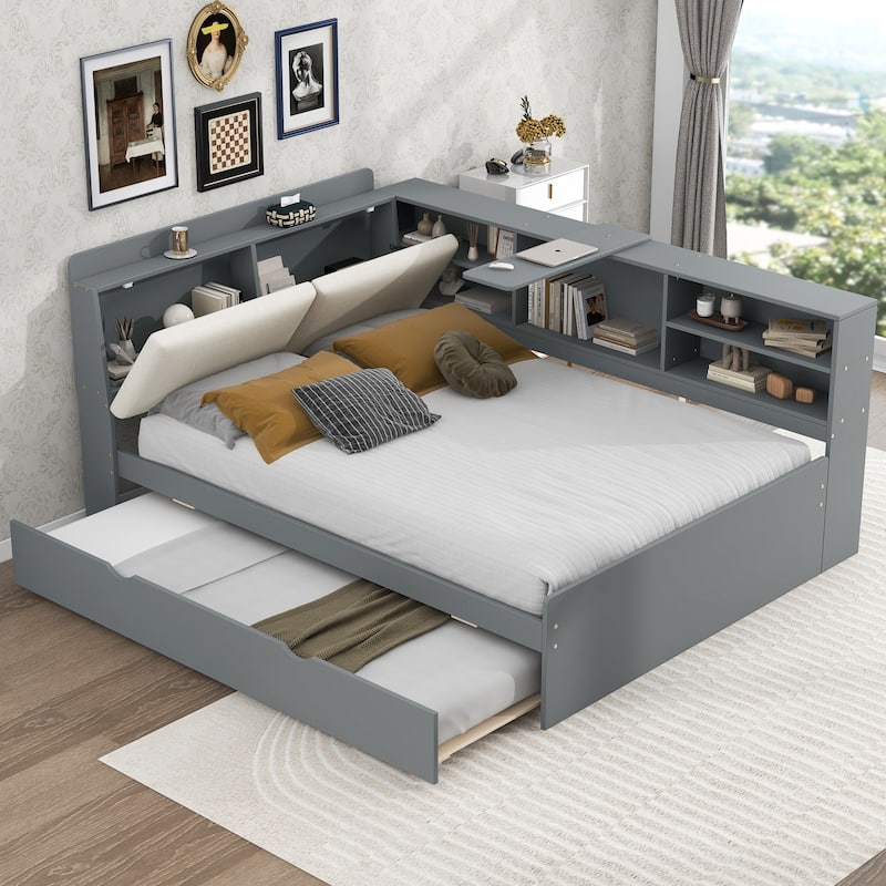 Full Size Wood Platform Bed with Trundle, Shelves and Storage Headboard, White - Grey