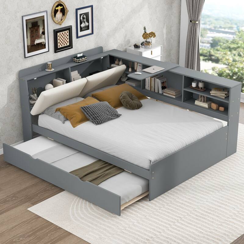 Wood Full Platform Bed with Trundle, Upholstered Headboard & Storage Shelves