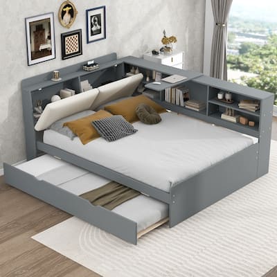 Wood Full Size platform bed with Trundle, Shelves and Storage Headboard
