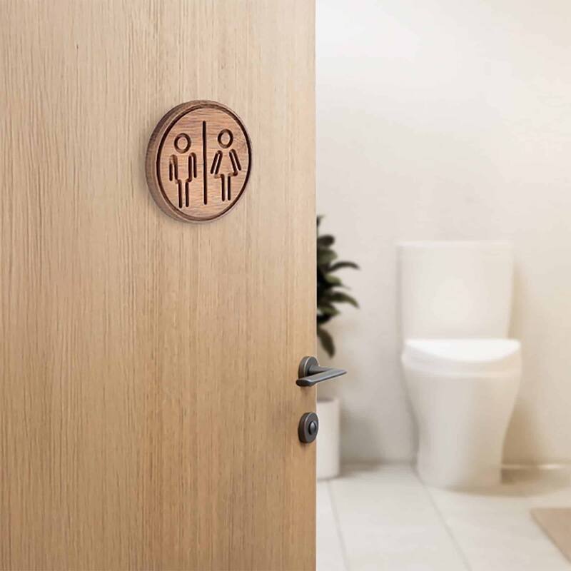 Wooden Restroom Door Sign - 4"L x 0.5"W x 4"H - Beige Round