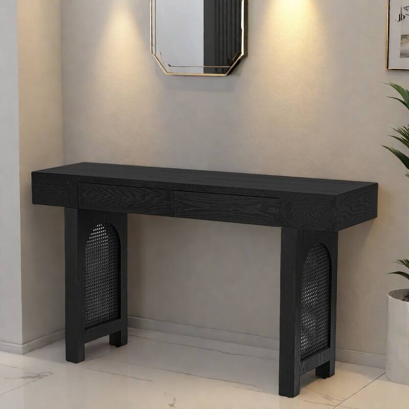 47.2" MDF Console Table with Rattan Accents and Two Drawers for Living Room and Hallway - Antique Black