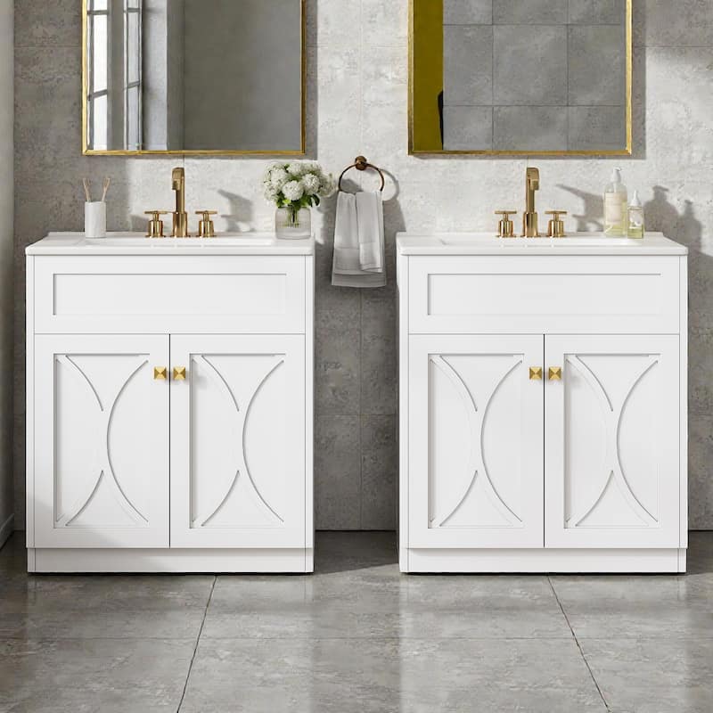 60 Inch Bathroom Vanity Set with Ceramic Sink, Modern Freestanding Storage Cabinet with Gold Handles and Soft Close Doors