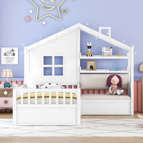 slide 2 of 11, Twin Size House Bed with Upholstered Sofa, Kids Platform Bed with Two Drawers and Storage Shelf White