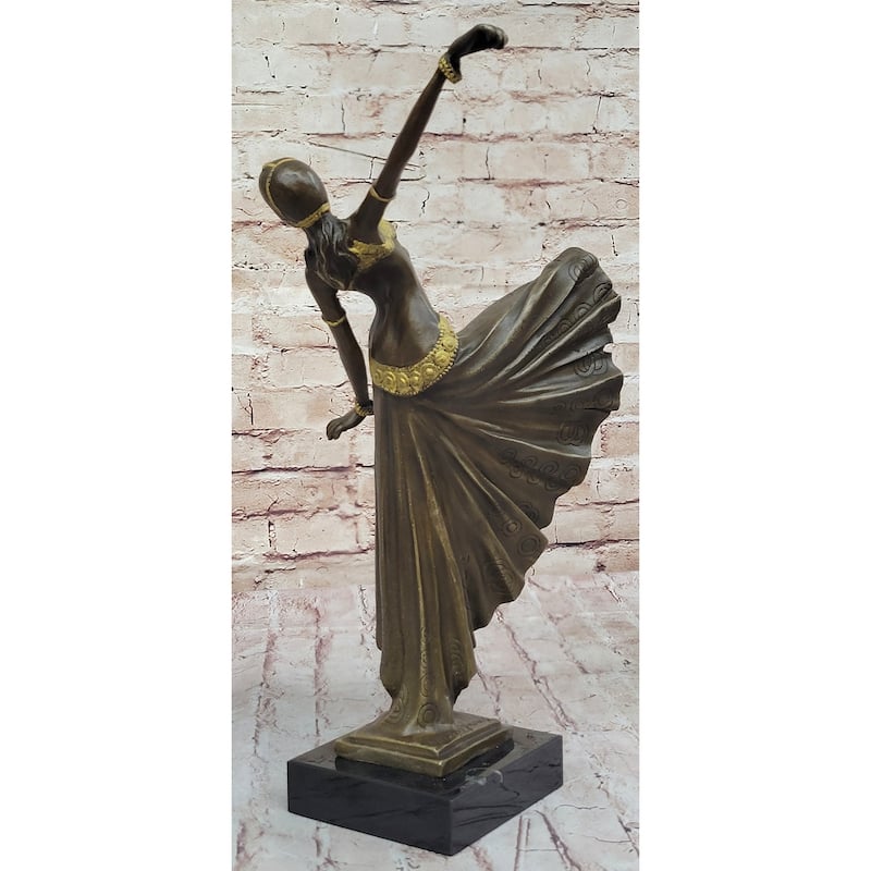 Chiparus Fan Dress Dancer Girl Art Deco Bronze Sculpture On Marble Base