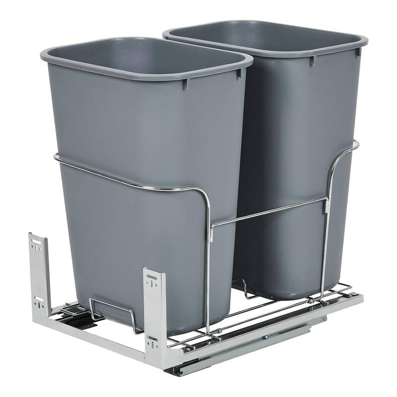 Double Black 2x35QT Pullout Trash Can, Handle Model - Fits Cabinets 16.10x24.8x29.84 inches（Contains two trash cans） - Grey-Connected door style