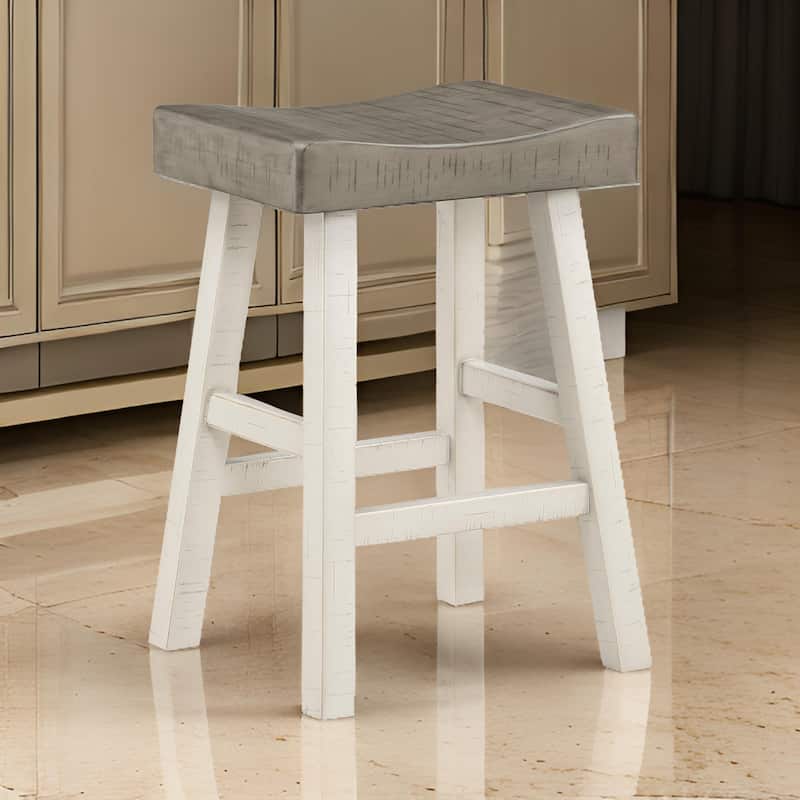 Casy 25 Inch Counter Height Stool, Brown Saddle Seat, White Rubberwood