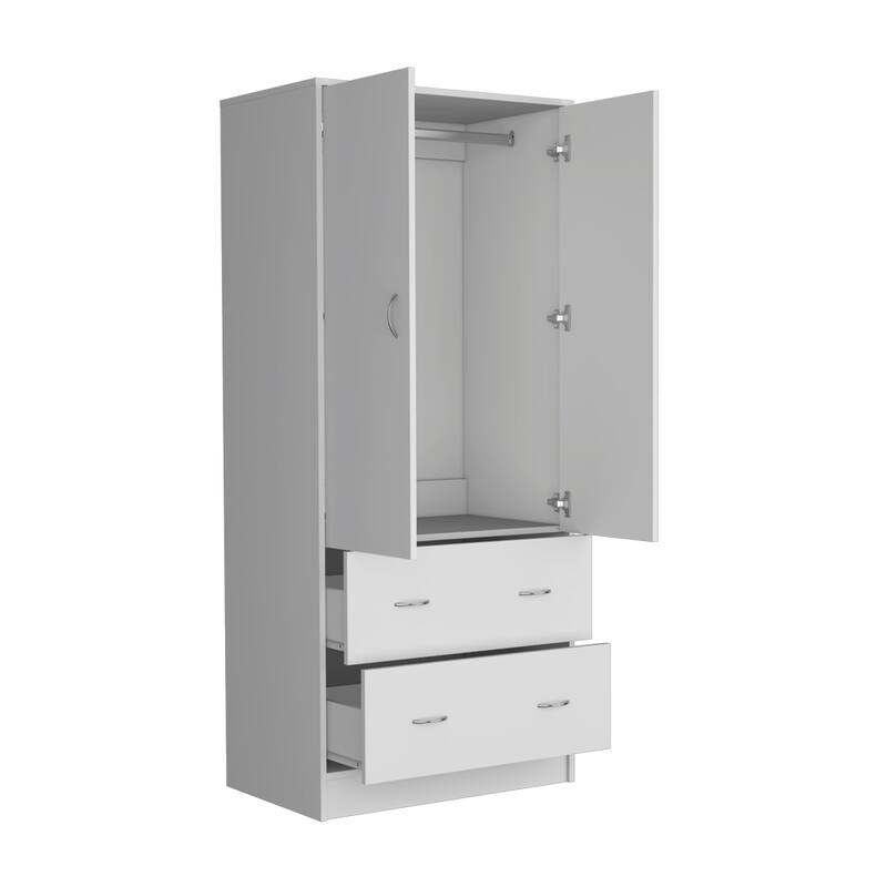 19" Modern Double-door Armoire with Hanging Rod and Two Storage Drawers for Bedroom