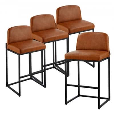 Set of 4 Brown PU Leather Counter Height Bar Stools with Low Backrest and Sturdy Metal Frame - 19.49” x 18.11” x 36.42”