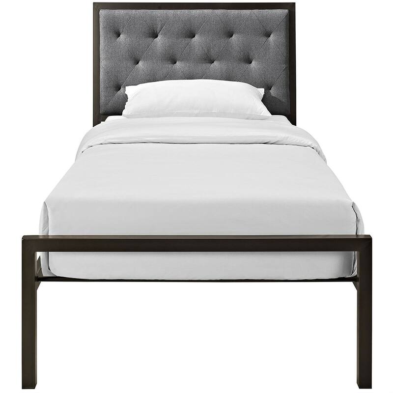 Twin Size Metal Platform Bed with Grey Fabric Button Tufted Upholstered Headboard and Perfect for Any Room