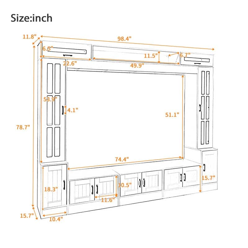 98.4" Wall Unit Entertainment Center with Bookshelves for TVs up to 80", Modern TV Stand Media Console with Cabinets