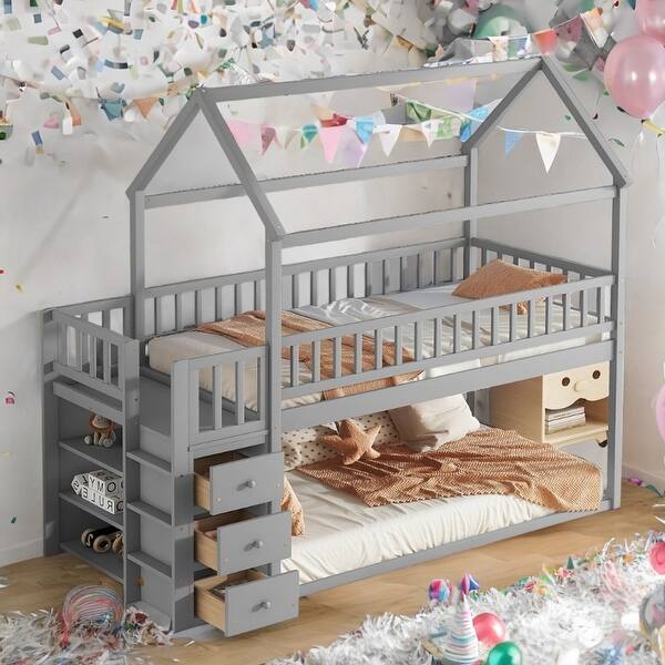 slide 2 of 23, Twin over Twin House Bunk Bed With Shelves And Drawers Grey