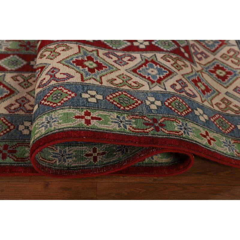 Red Geometric Kazak Oriental Large Area Rug Handmade Wool Carpet - 9'9" x 15'11"