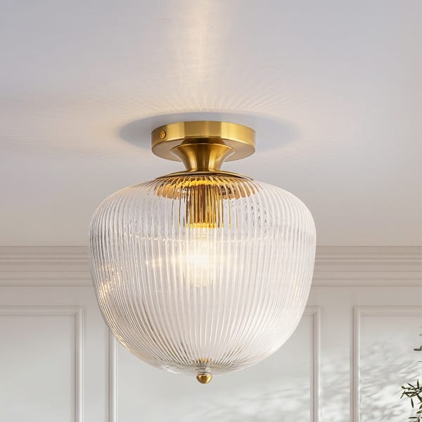 slide 2 of 9, Rennnsan 1-Light Vintage Ribbed Glass & Brass Flush Mount Ceiling Light for Bedroom - 1 Light Clear