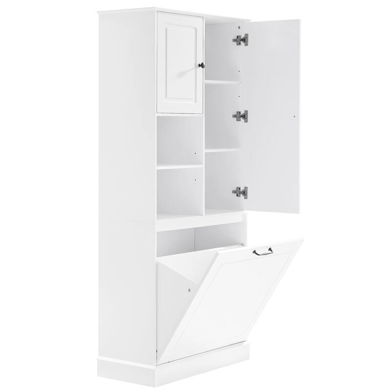 Roomfitters 67" Tall Storage Cabinet with Flip-Out Basket & Adjustable Shelves, MDF Linen Tower for Bathroom & Office
