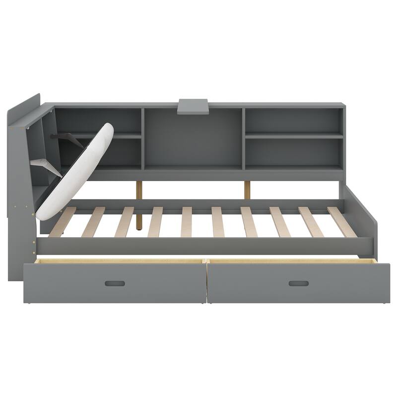 Twin Size Platform Bed with Storage Headboard, Shelves, and 2 Drawers in Gray