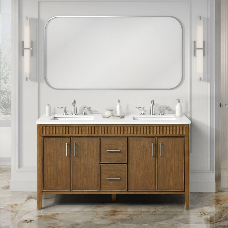 OVE Juliette Warm Walnut Bathroom Vanity with White Quartz Top - 60" - Warm Walnut with Brushed Nickel Hardware