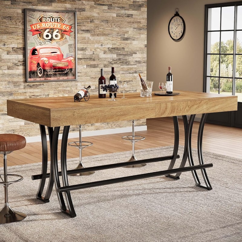 63" Tall Bar Pub Table with Metal Footrest, Rectangular Counter Height Kitchen Dining Table, Industrial Home Bar Unit - Brown