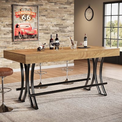 63" Tall Bar Pub Table with Metal Footrest, Rectangular Counter Height Kitchen Dining Table, Industrial Home Bar Unit