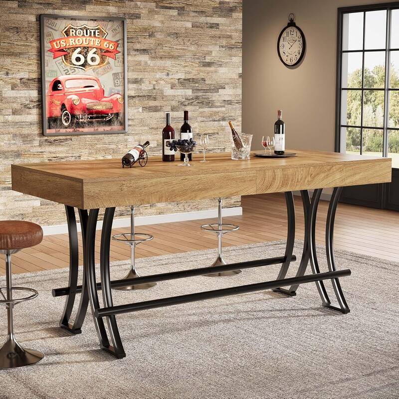 63 Inches Engineered Wood Bar Table, Rectangular Home Bar Unit with Metal Footrest - Brown & Black