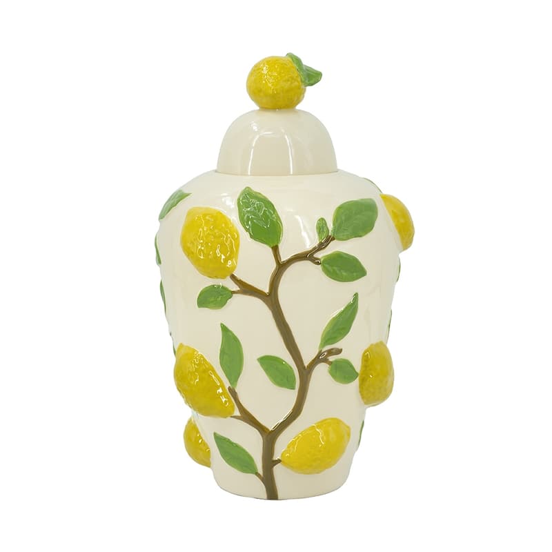 8.7x8.7x15" White Ceramic Lidded Jar with Playful Lemon Design