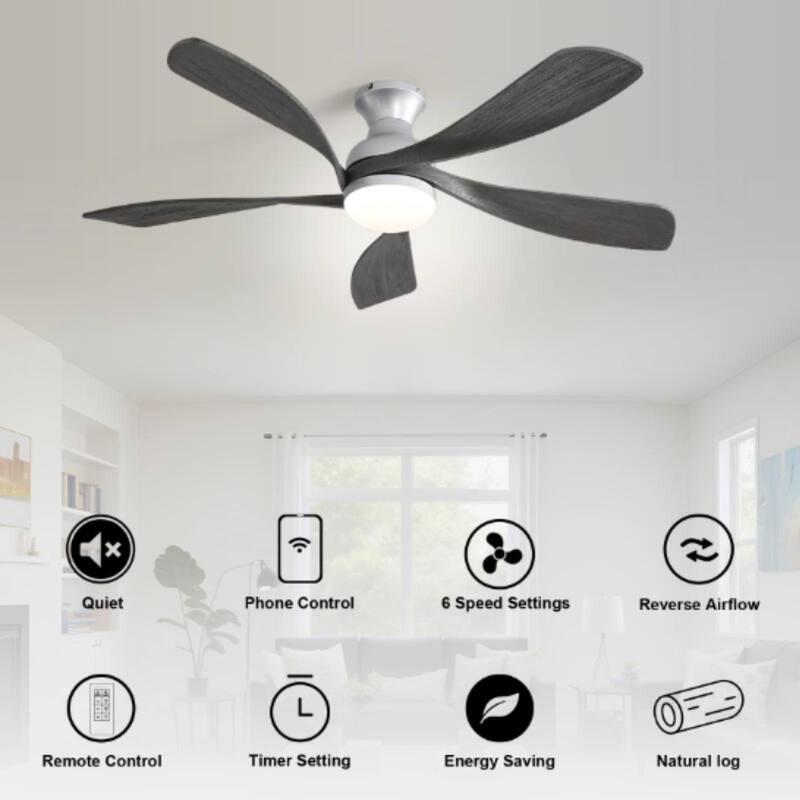 52 Inch Flush Mount Smart Ceiling Fan with Light, APP and Remote Control, Low Profile - 52 inch