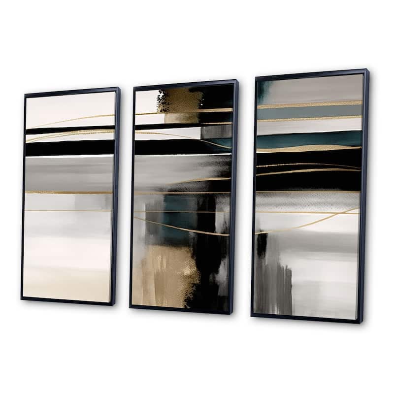 Designart "Abstract Geode Geometric Black And Gold III" Modern Geometric Framed Canvas Art Print - 3 Panels