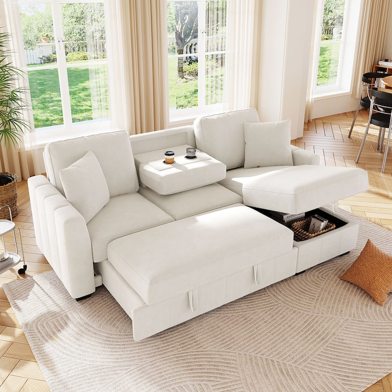 L-Shaped Convertible Sleeper Sectional Sofa with Reversible Storage Chaise and Drop-Down Console with Dual Cup Holders - Beige