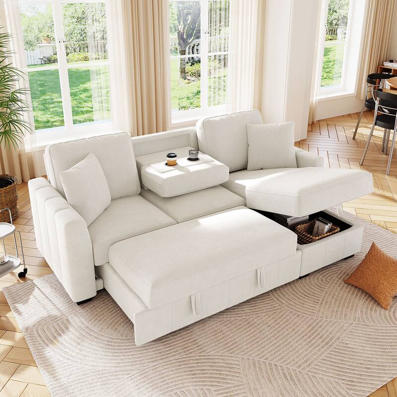 L-Shaped Sectional Sofa with Pull-out Sofa Bed, Modular Sleeper Sofa Couch with Reversible Storage Chaise for Living Room