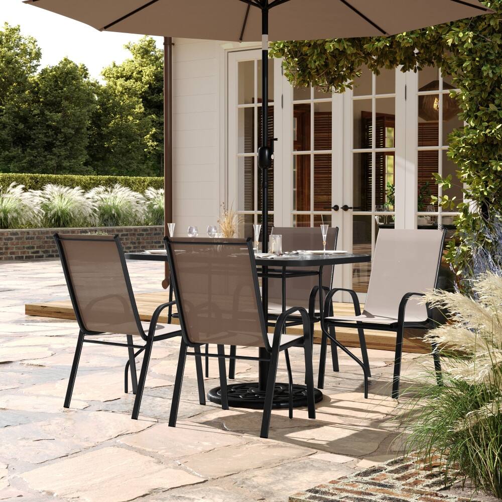 Commercial 5 Pc Outdoor Patio Dining Set with Glass Table and 4 Chairs