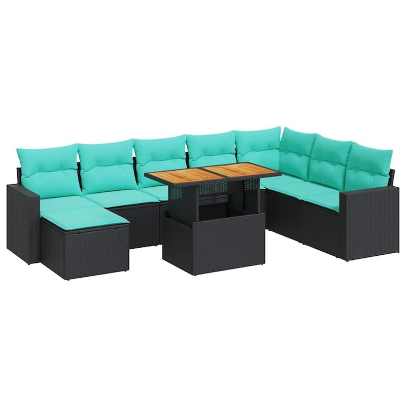 vidaXL 9 Piece Patio Sofa Set with Cushions Black Poly Rattan - 21.7 x 24.4 x 27.2