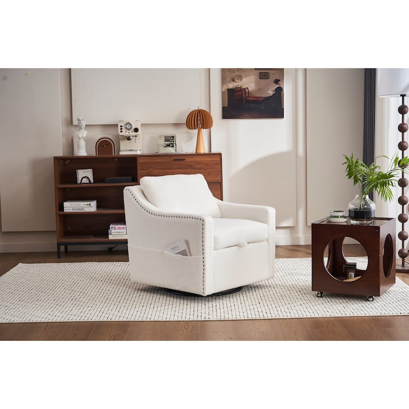 Teddy Upholstered Swivel Accent Chair, Single Sofa Chair with High Backrest, Lounge Armchair with Metal Base & Side Pocket