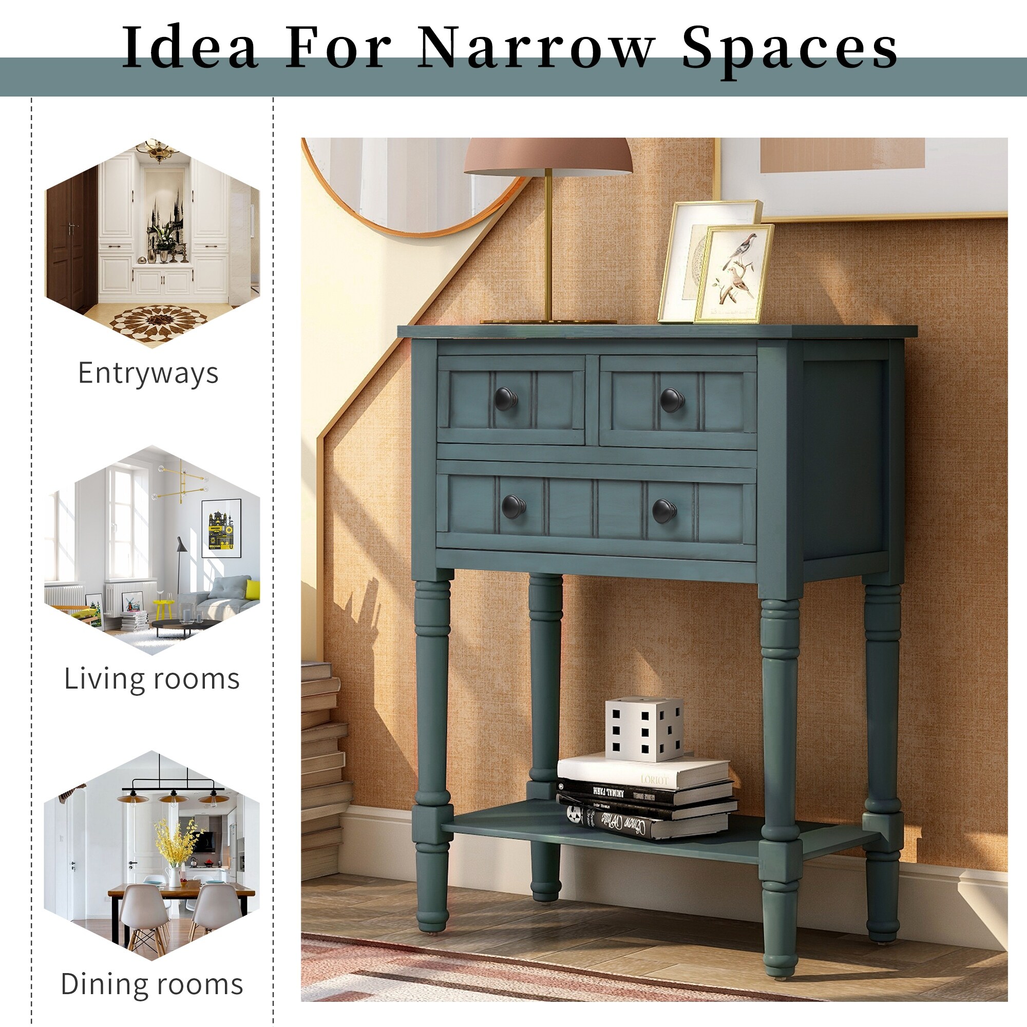 Narrow Console Table Slim Sofa Table with 3 Storage-image