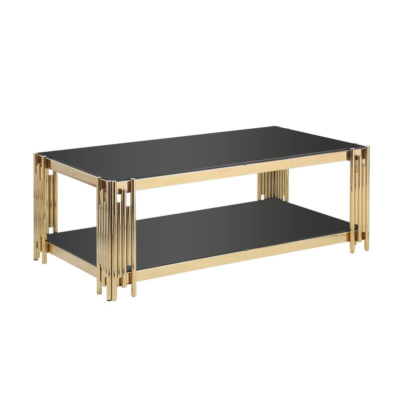 48" Wide Rectangular Coffee Table with Tempered Glass Top, Golden Stainless Steel Double-Layer Coffee Table