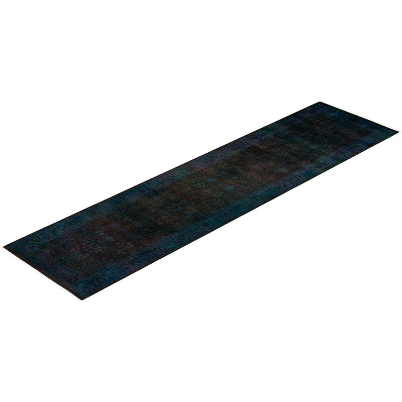 Overton Hand Knotted Wool Vintage Inspired Modern Contemporary Overdyed Blue Runner Rug - 3' 1" x 12' 4"