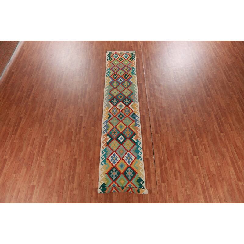 Geometric Kilim Oriental Runner Rug Hand-Woven Wool Carpet - 2'7" x 16'2"