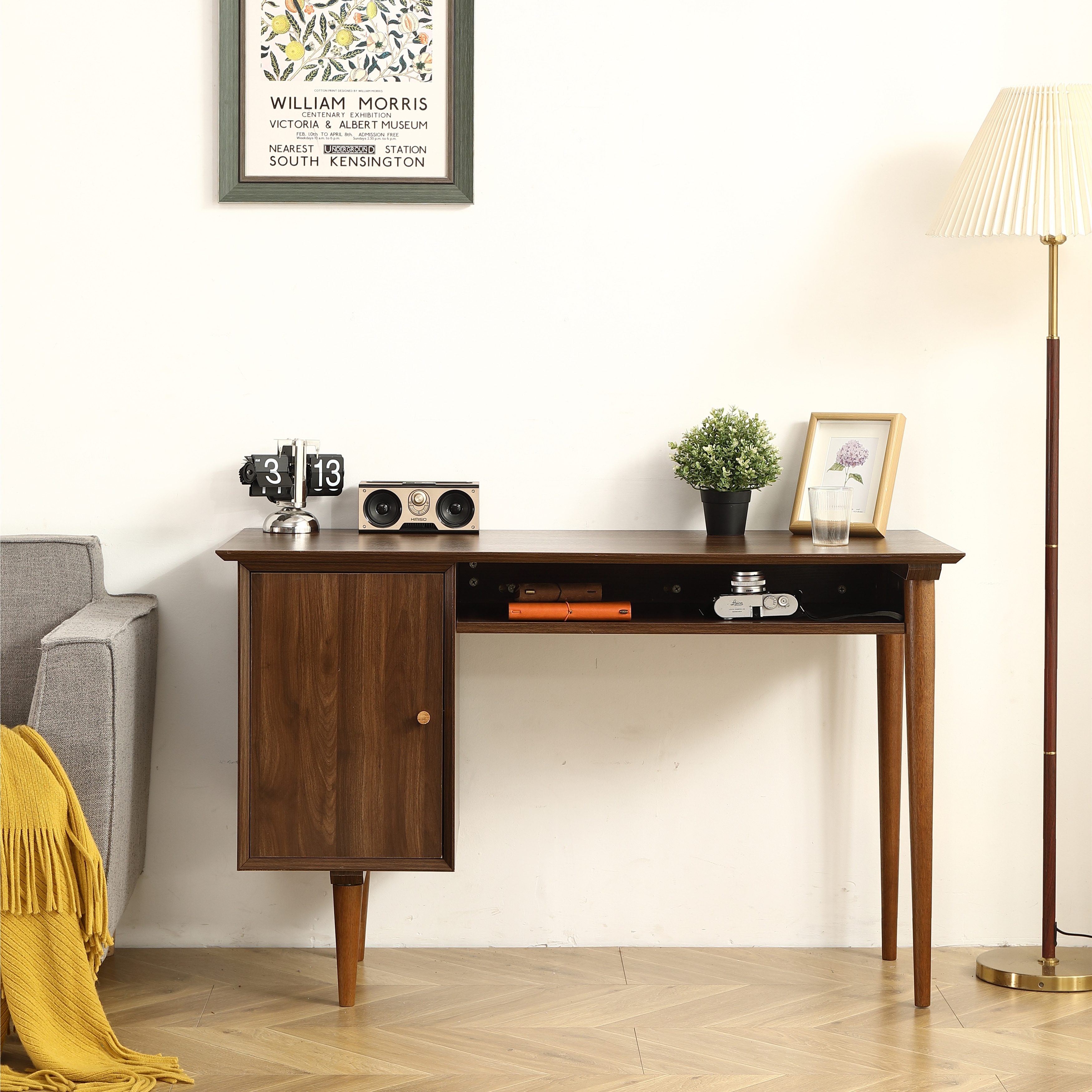 Small Desk with 47.24 Inch Modern Walnut Finish Solid Wood Legs