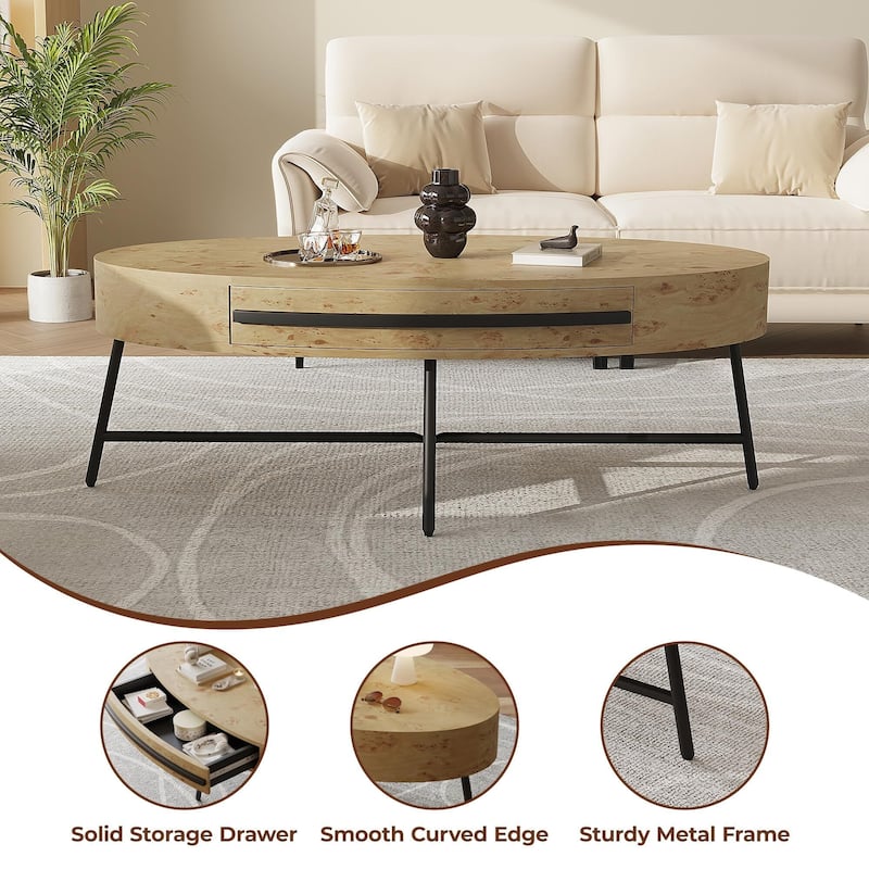 Oval Coffee Table with Drawer, 47.2" Mid-Century Modern Center Table, Wooden Coffee