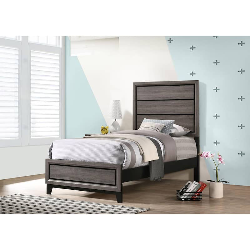 Modern Grey Oak Twin Panel Bed with Plank Headboard - Transitional Style - Grey