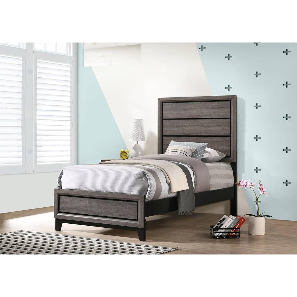 Modern Grey Oak Twin Panel Bed with Plank Headboard - Transitional Style