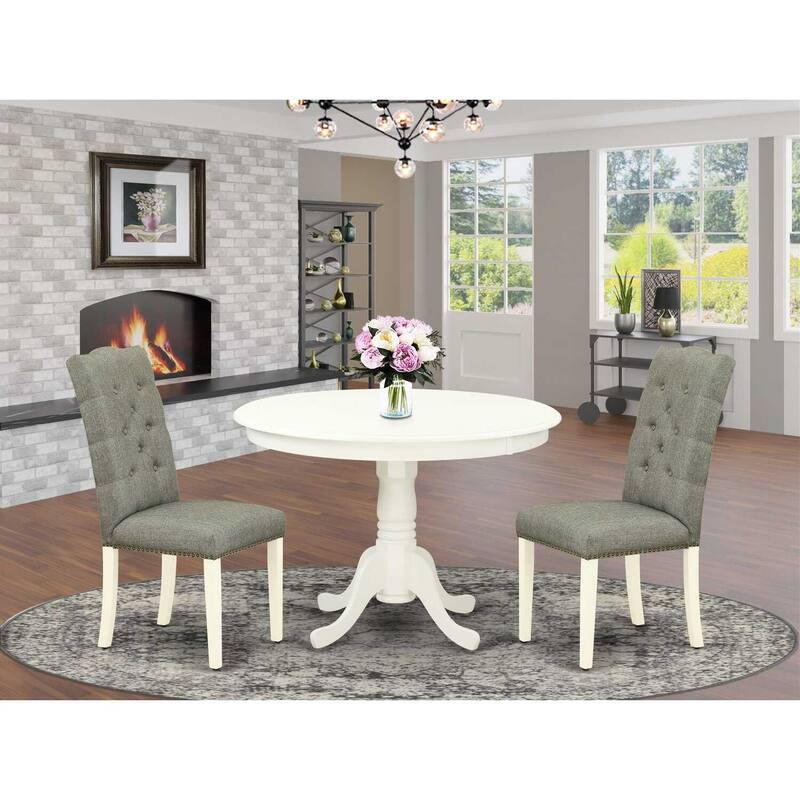 3-Piece Linen White Finish Solid Wood Top-Round Dining Room Set-Seats 4