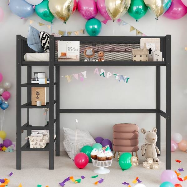 slide 2 of 9, Modern Twin Size Loft Bed with 4-Tier Shelves and Storage and 4-step Ladder for Bedroom Black