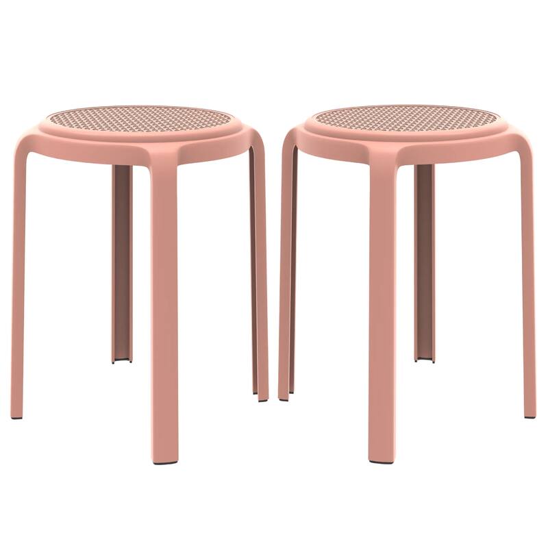Tresse All-Weather Round Stackable Dining Stool with Wicker-Style Seat for Indoor, Outdoor, Patio, and Kitchen Set of 2 - Pink