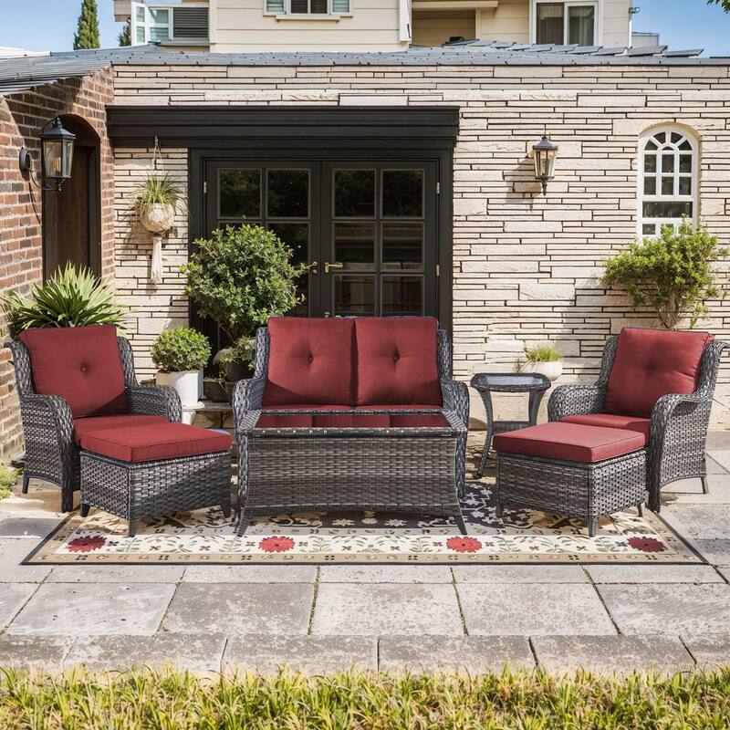 Outdoor Loveseat Sofa with Chair Ottoman Table - 7PCS - Sofa with Chair Table and Ottoman - Grey Rattan - Red Cushion