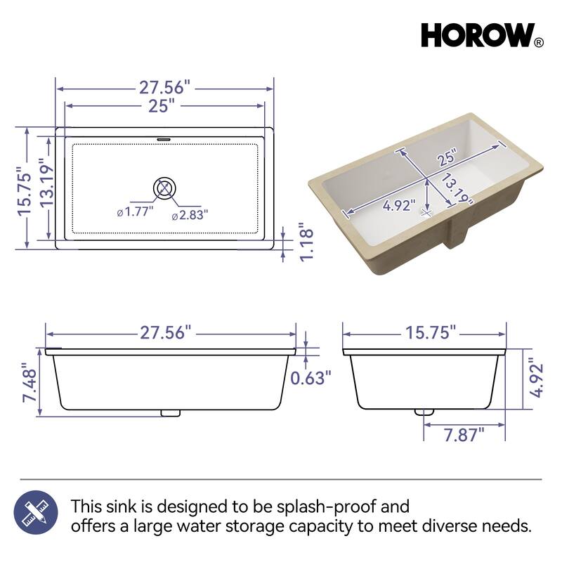 HOROW 27.5 in Rectangle Undermount Bathroom Sink in White with Overflow Drain